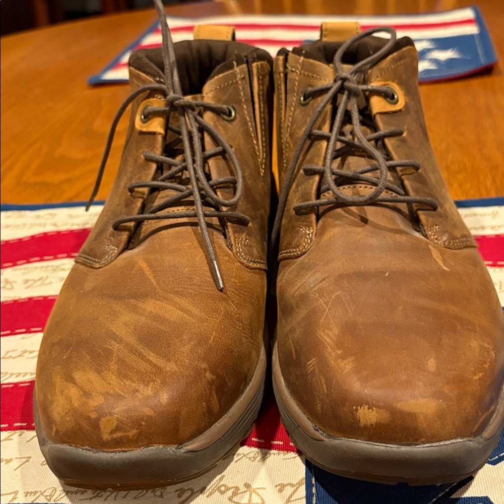 Skechers Classic Fit Men's Tan Leather Boots, Rustic Look, Air Cooled Foam, 10